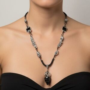 Mixed Media Crystal Skull Pendant &  VNTG Art-Deco Black Onyx & Silver Metalwork